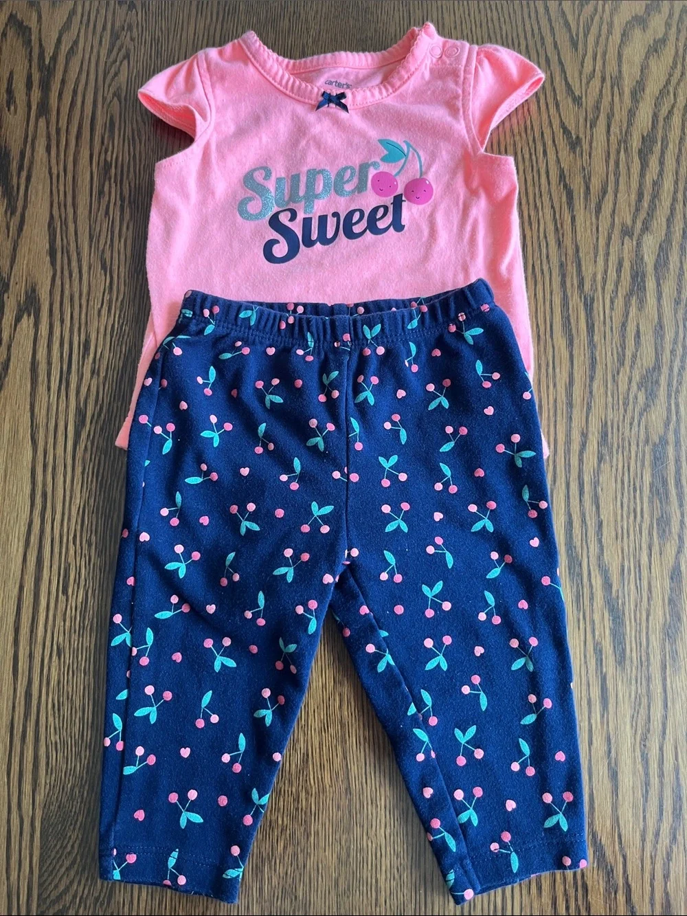 Carter's Pink 'Super Sweet' Top with Navy Cherry-Print Pants